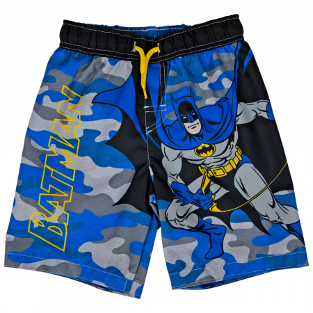 Batman Character On Camo Youth Swim Shorts